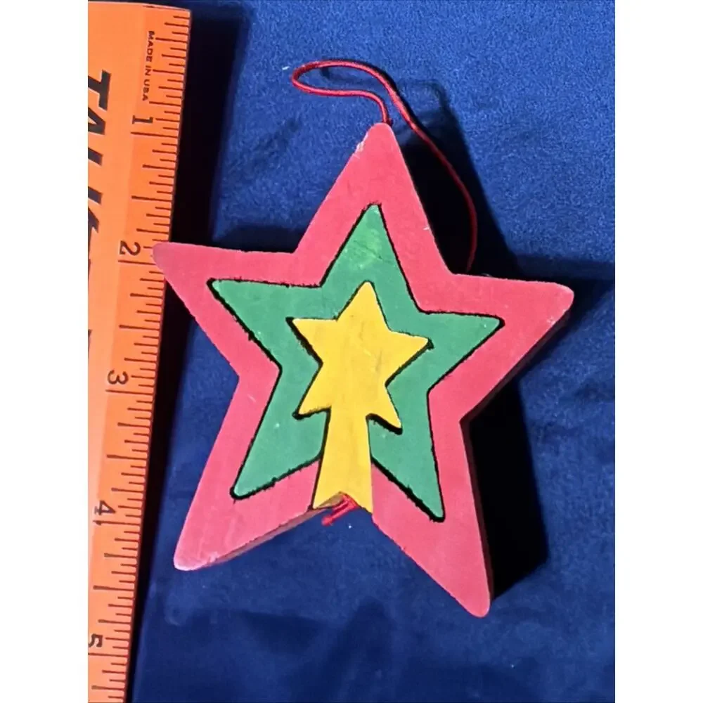 Wood Puzzle Star Christmas Tree Ornament‎ Red/yellow/green 4”